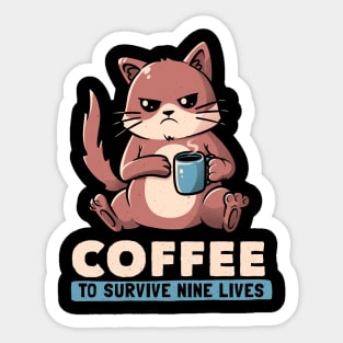 Coffee To Survive Nine Lives Funny Cute Cat Sticker